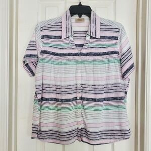Baxter & Wells Womens Striped V Neck Short Sleeve Button‎ Up Shirt Size L
